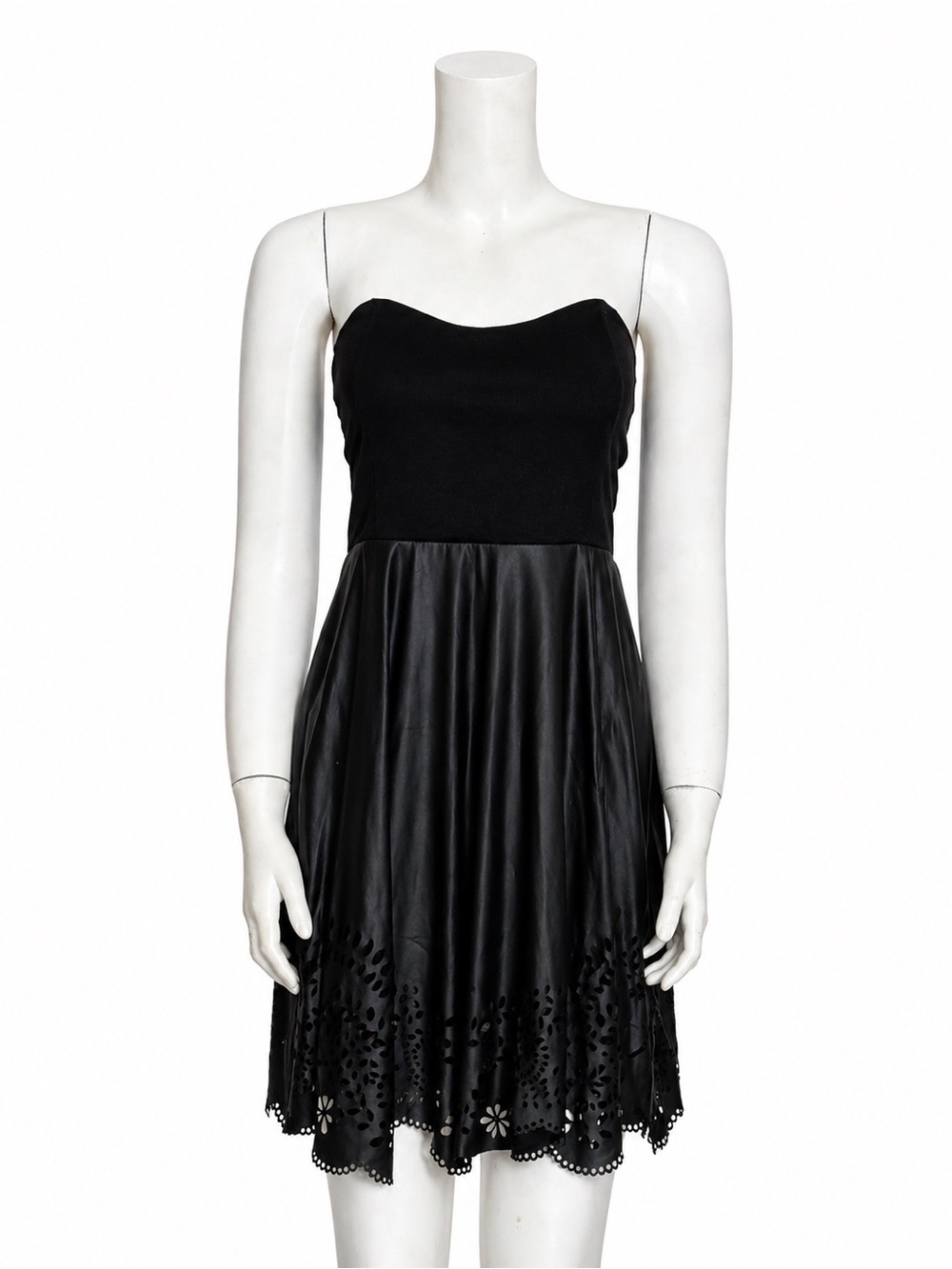 Strapless Black Fit & Flare Dress with Laser-Cut Hem